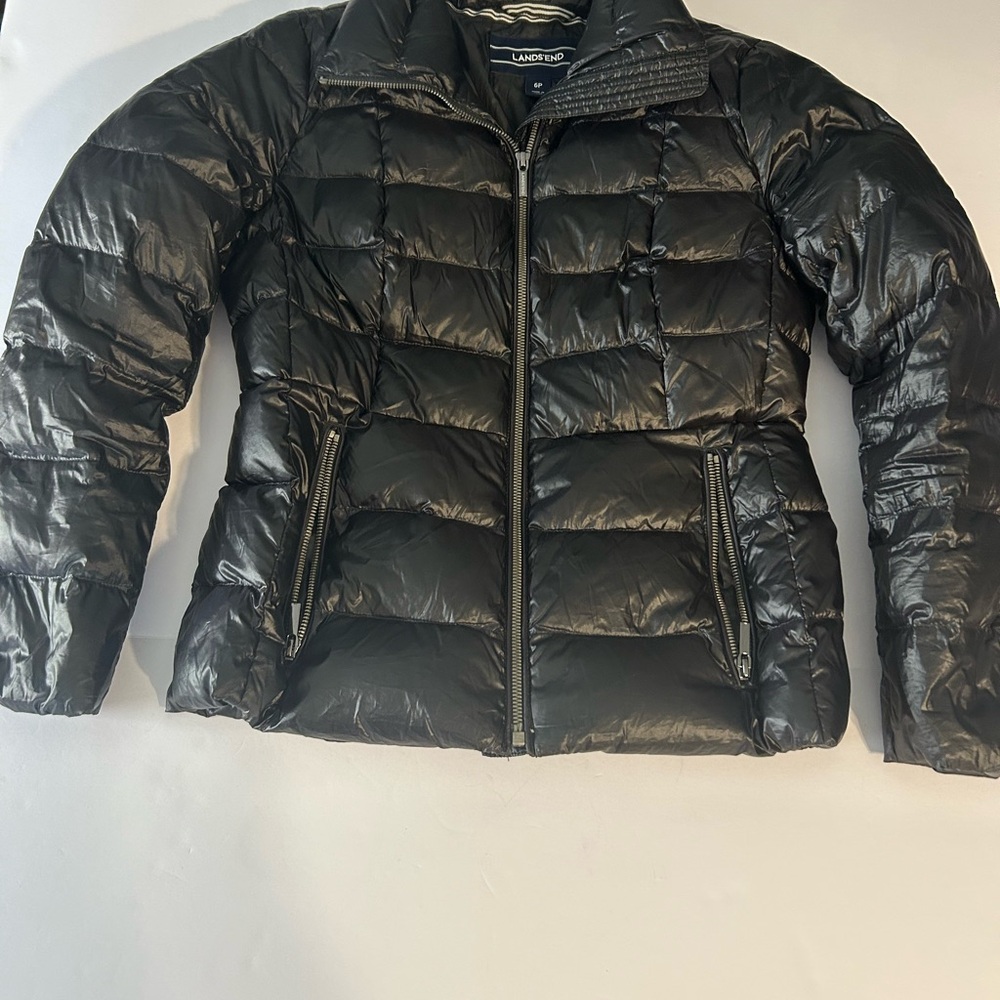 Lands' End Shiny Black Quilted Puffer Jacket